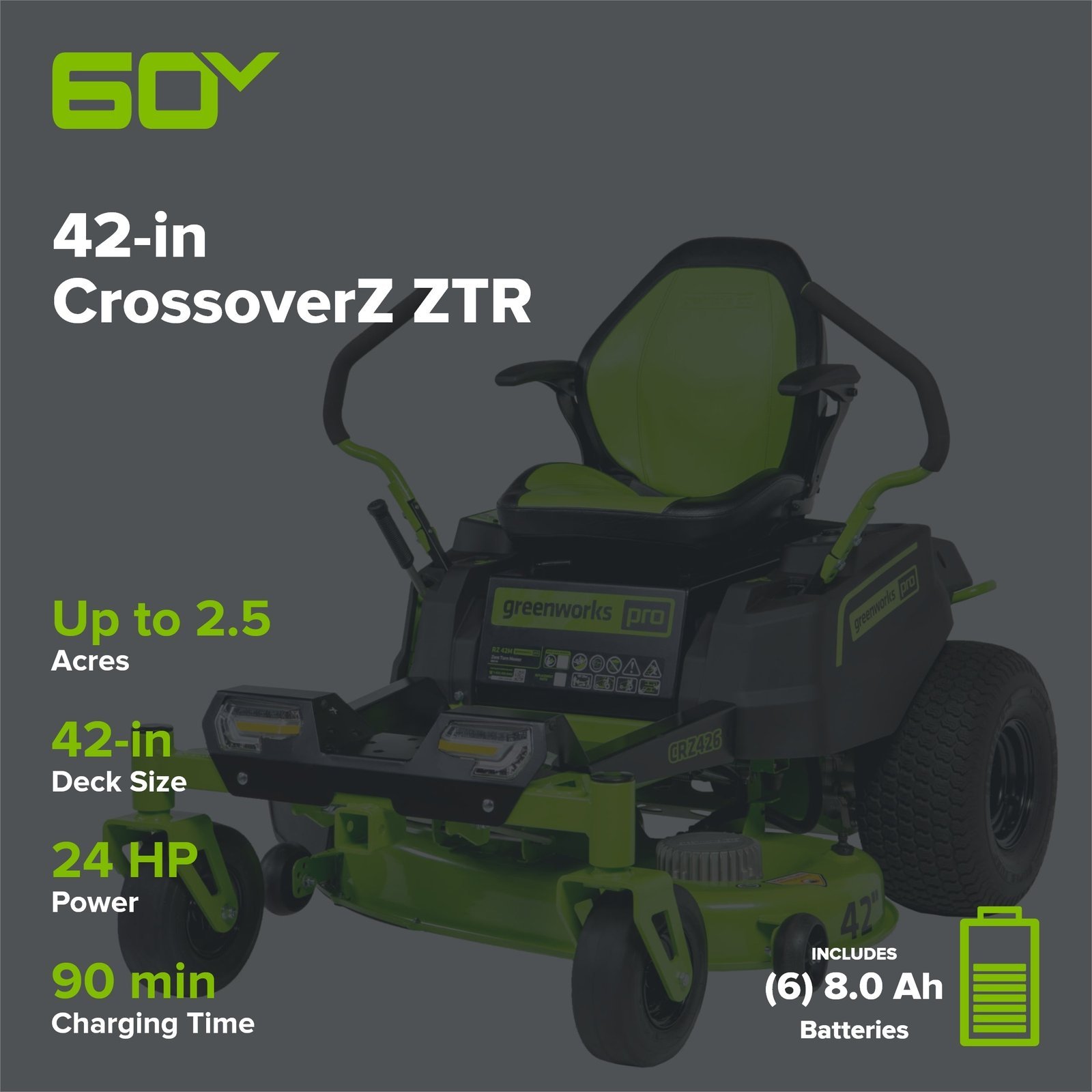 60V 42” Electric CrossoverZ Zero Turn Mower with (6) 8 Ah Batteries and (3) Dual Port Turbo Chargers