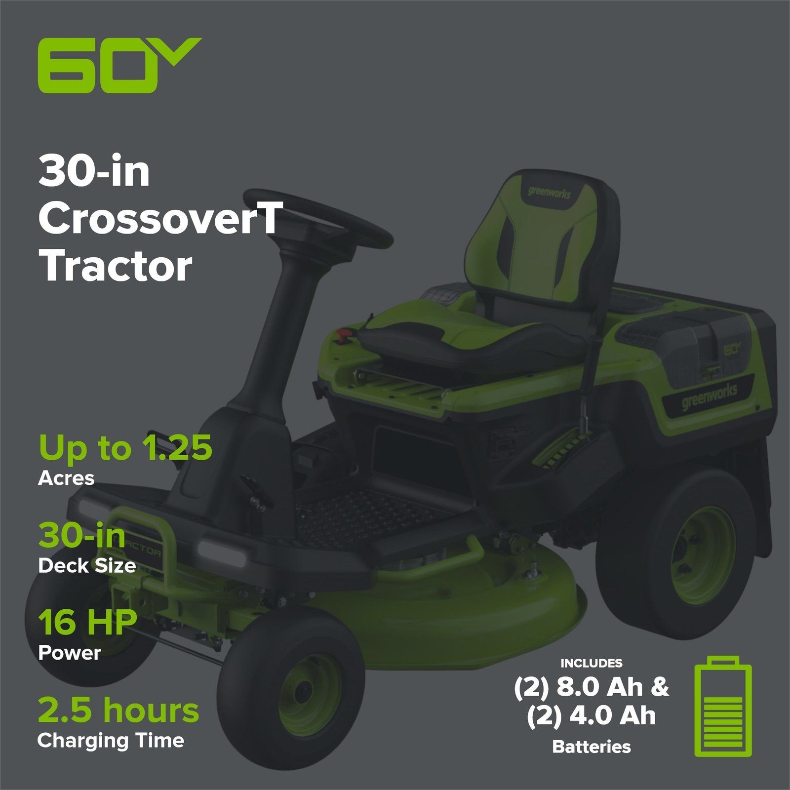 60V 30” CrossoverT Riding Lawn Tractor with (2) 8.0 Ah, (2) 4.0 Ah Batteries & 600-Watt Charger