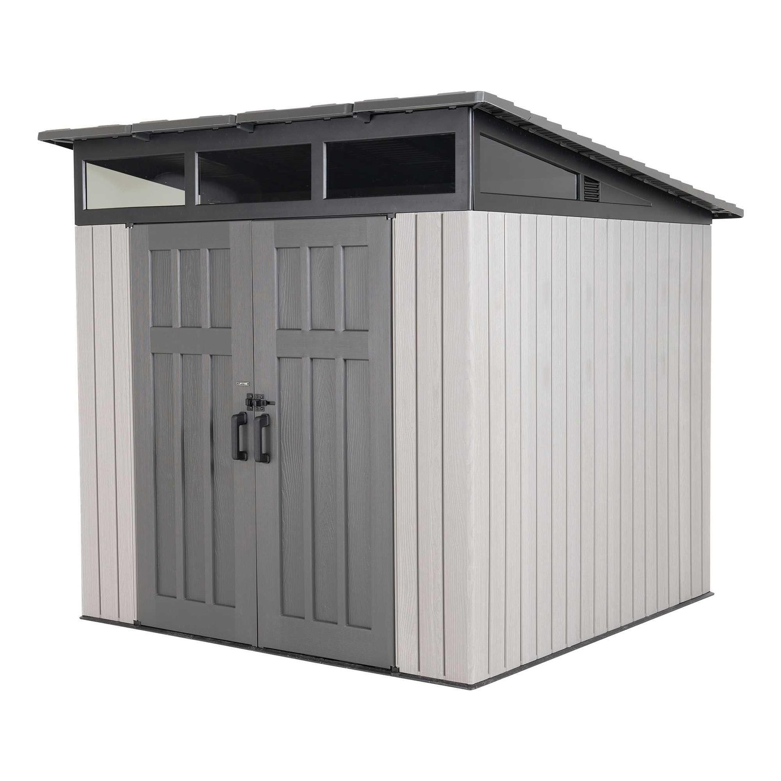 lifetime-farmhouse-storage-shed-60542-front-view-white-background.jpg Lifetime 8.3 Ft. X 8.3 Ft. Farmhouse Storage Shed – 60542 - Image 1